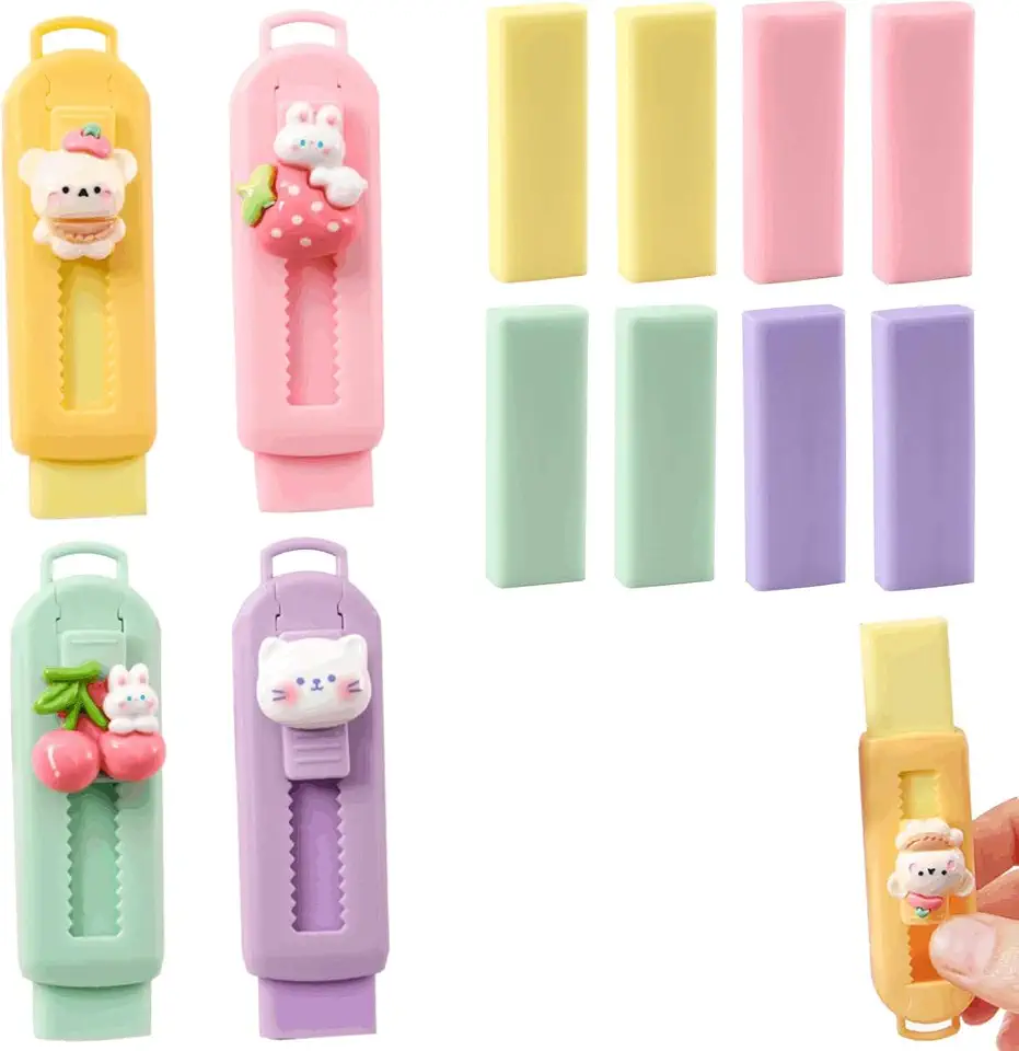12Pack Retractable Sliding Erasers for Kids and Students, Colorful Push-Pull Eraser with Plastic Sleeve, Includes 8 Refill Pieces – Perfect School, Office, Home Stationery Supplies