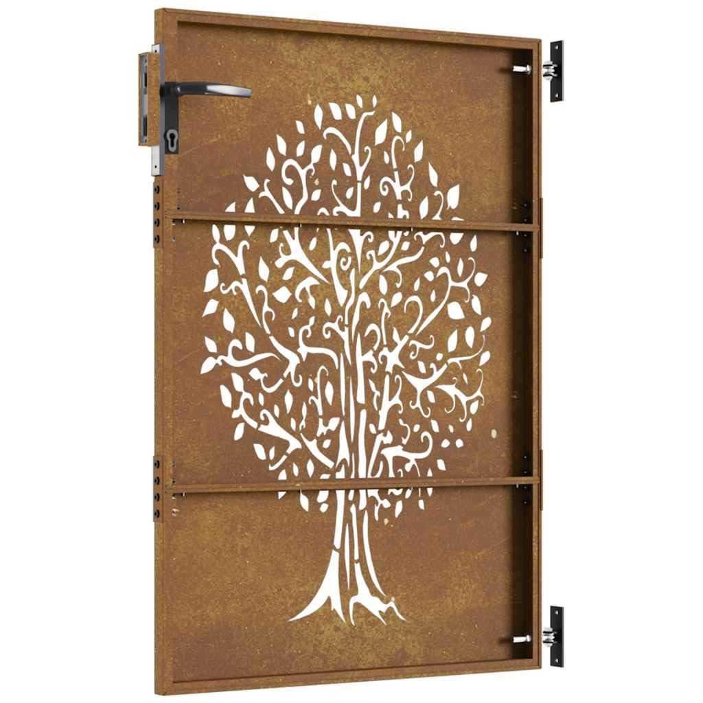 Gartentor 85x125 cm Cortenstahl Rostoptik Baum-Design abschließbar Modernes Zauntor für Garten Terrasse und Eingangsbereich