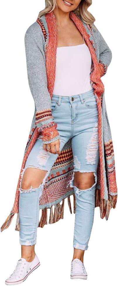 FERBIA Women Boho Cardigan Sweater Long Open Front Maxi Knit Sweaters Aztec Tribal Tassel Fringe Thin Coat