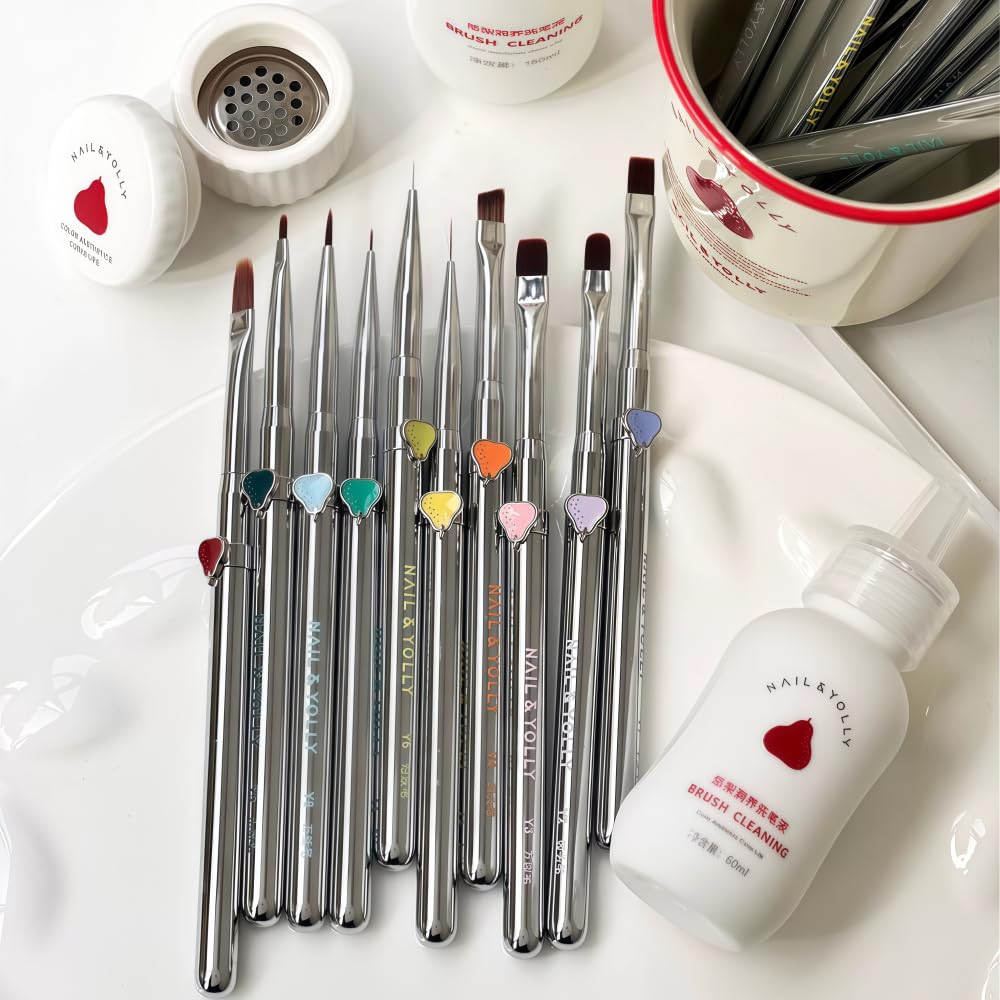 NAIL & YOLLY Magician Nail Art Brush Set, 14 Pieces with Liner, Flat, Round and Fan Tips, Silver Metal Handle, DIY Nail Drawing Tools for Beginners and Artists (Y06)