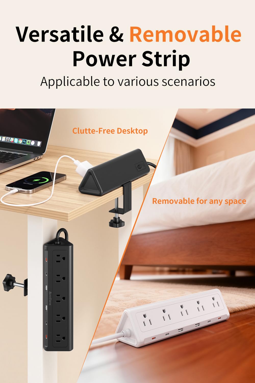 Regleta de alimentación de abrazadera para computadora de 10 pies con 5 salidas de CA y 6 puertos USB PD de 40 W USB-C de carga rápida, protector de sobretensiones 1250J se adapta a 2.6 borde superior