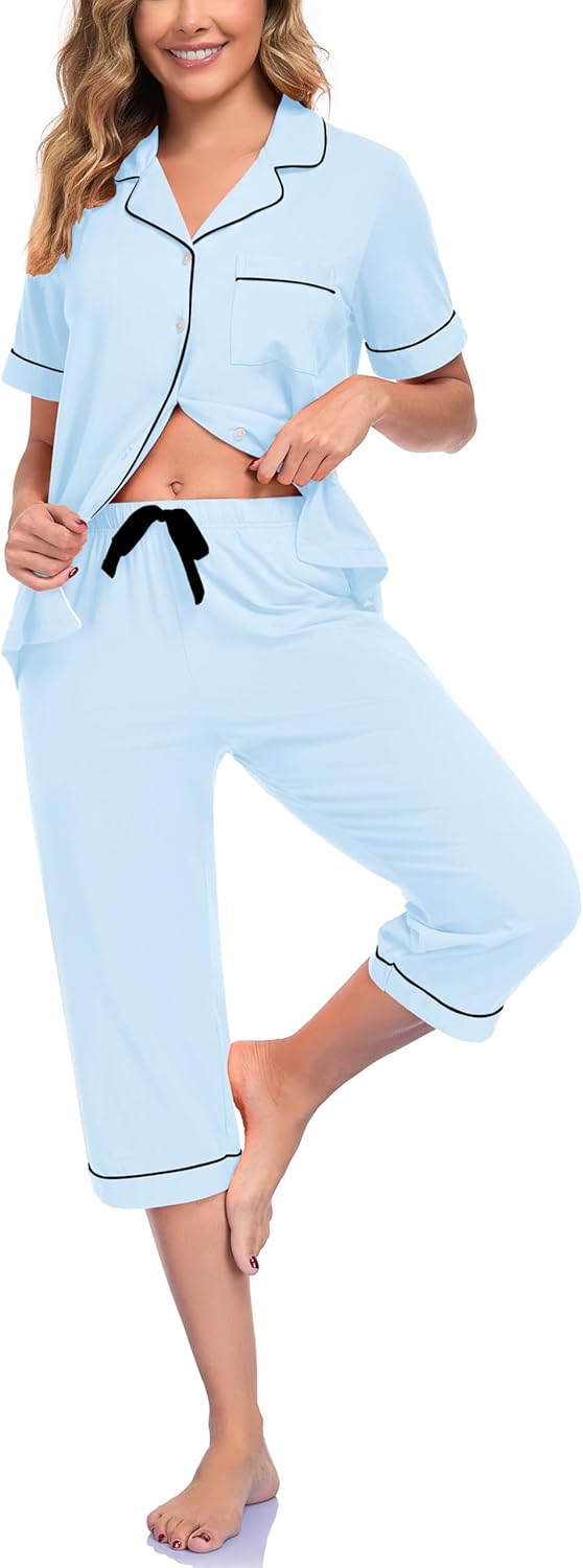 COLORFULLEAF Womens Cotton Pajama Sets Short Sleeve Button Down Sleepwear Summer Capri Pants Pjs with Pockets