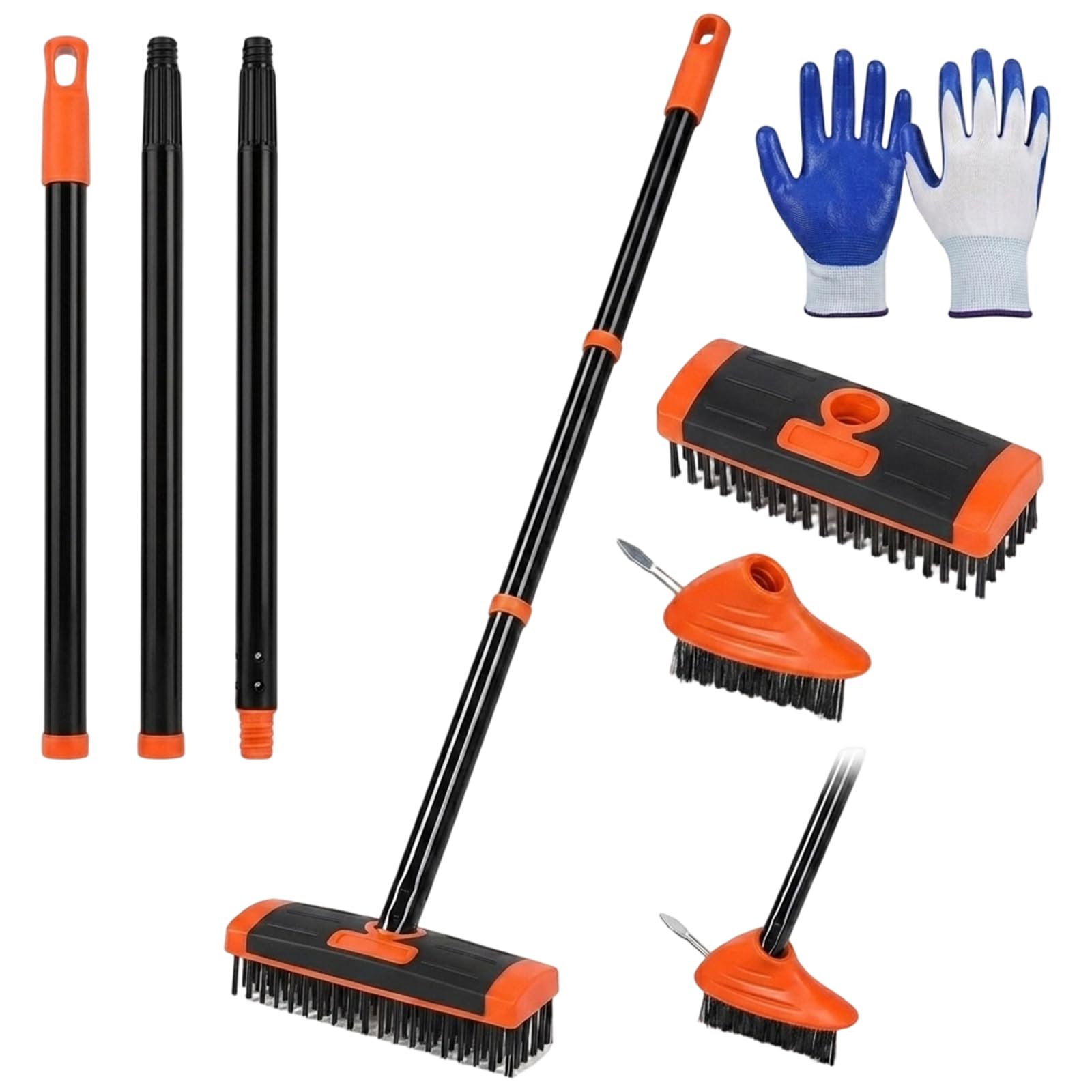 3-in-1 Versatile Weed Brush Combo Set, Detachable Long Handle Floor Scrub Brush with Wire Weeder and Metal Scraper for Patio, Paving, Driveway, Walkway and Garden Cleaning (Orange)