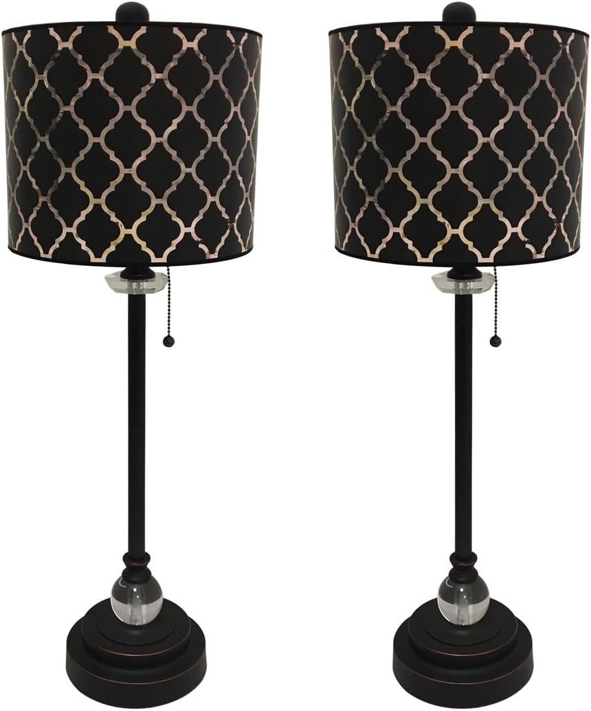 Royal Designs, Inc. Oil Rubbed Bronze 28" Buffet Lamp with Crystal, Includes Black Moroccan Tile Design Hardback Lamp Shade, Pack of 2