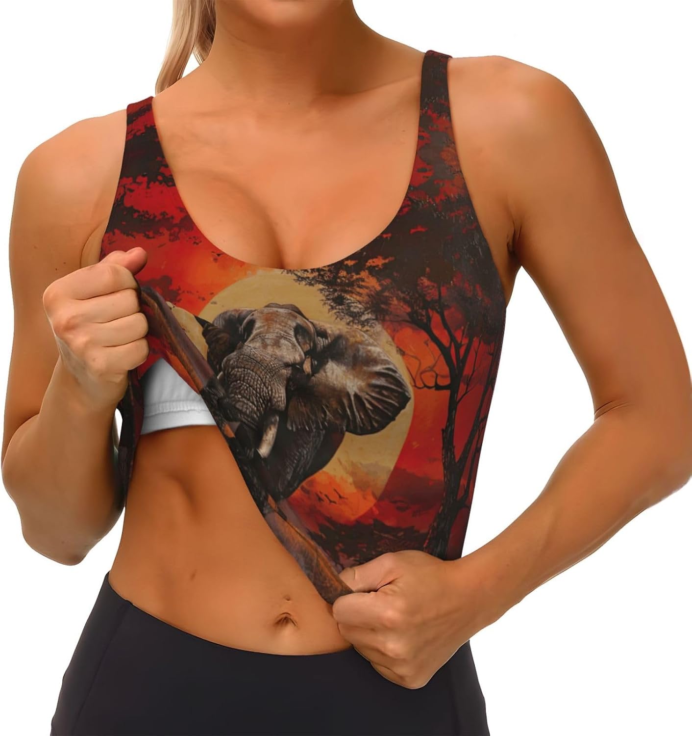 Elephant Sunset Print High Impact Sports Bras,Longline Sports Bra,Perfect for Yoga,Running and Gym Workouts