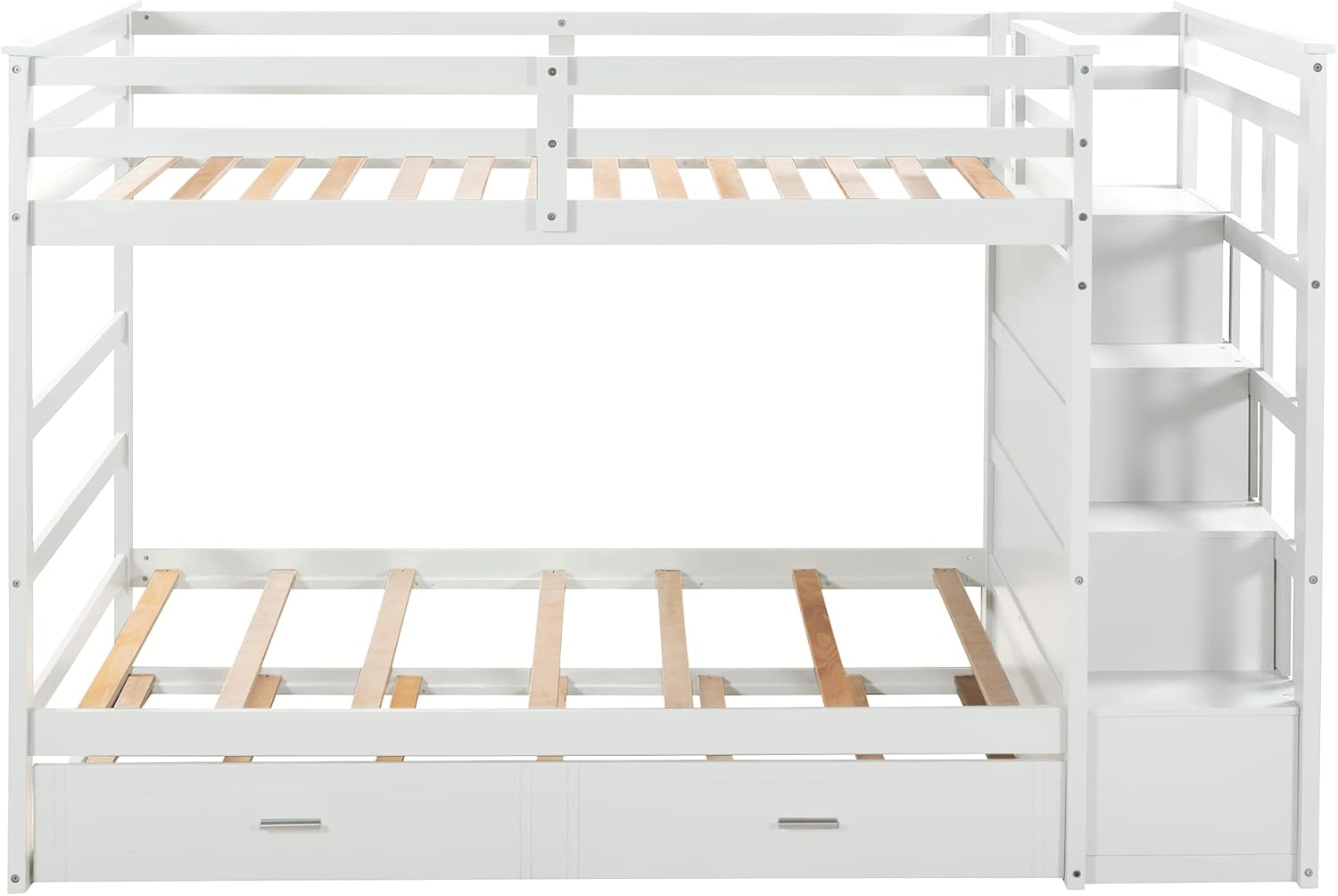 Bellemave Twin Over Twin Bunk Bed with Twin Size Trundle, Solid Wood Bunk Beds with 4 Storage Drawers, Staircase and Safety Guard Rail, No Box Spring Needed (White)