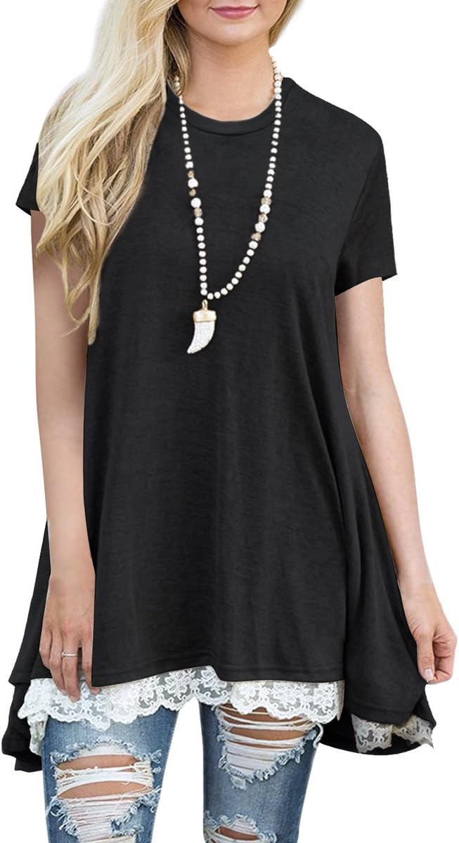 MBIGM Womens Lace Casual Short Sleeve Tunic Tops Loose Shirt Blouse (Black, Large)