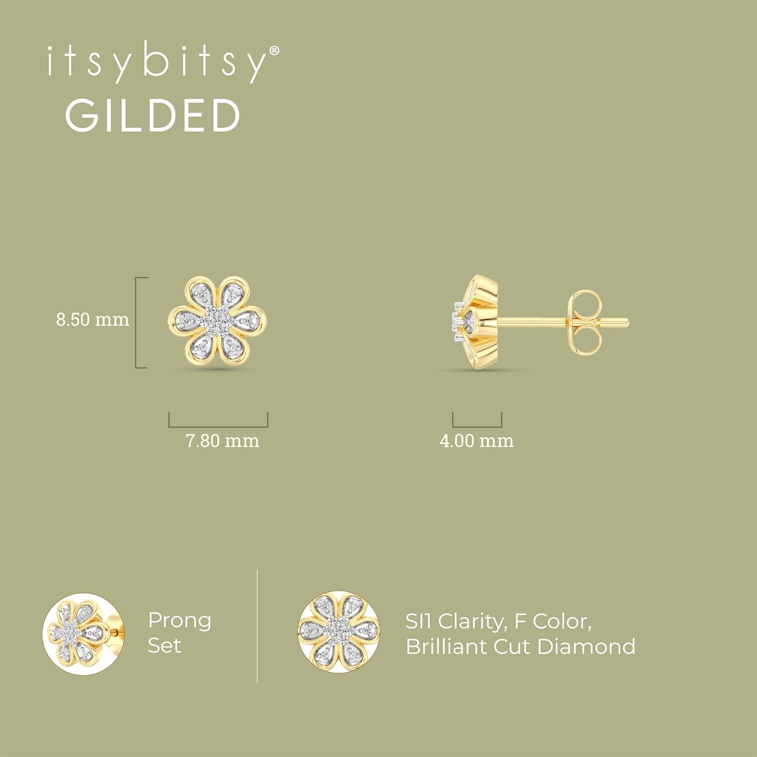 Itsy Bitsy by Gilded 14KT Gold Plated Sterling Silver Stud Earrings, 0.10 CTTW, SI1 F-Color Lab Grown Diamond, Push Back