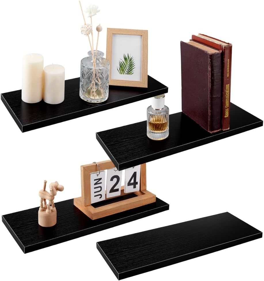AHANDMAKER Floating Shelves for Wall Set of 4, 15.7 Inches Wall Mounted Shelf for Home Decor Rustic Wood Bookshelf Hanging Shelves for Bedroom Living Room Bathroom Kitchen Office Storage, Black