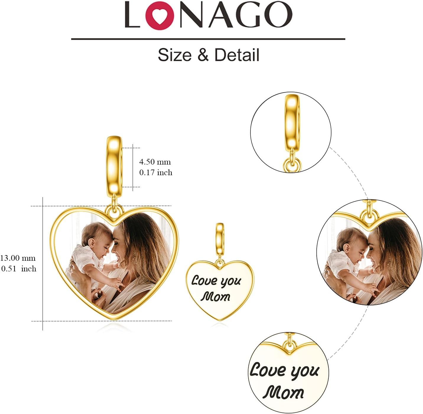 LONAGO Personalized Photo Charms 925 Sterling Silver for Bracelets, Customized Engraved Name Round & Heart Shape Bead Charm, Snake Bracelet Compatible Gift for Women Mom