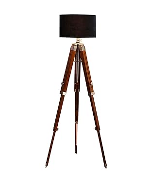 Indian Pride Nautical Teak Wood Big Tripod Floor Lamp Stand Light with 14 Inch Black Shade and Wiring and Bulb Full Height 72 Inches