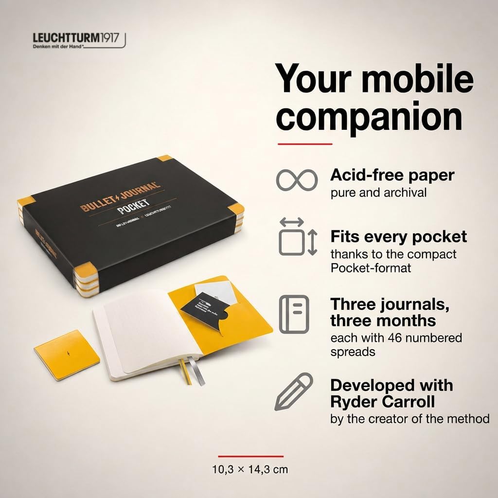 The Official Bullet Journal Pocket Edition - Compact Flexcover Design for Daily Journaling with 46 Folded A5 Pages - Pack of 3 (Yellow) image 2