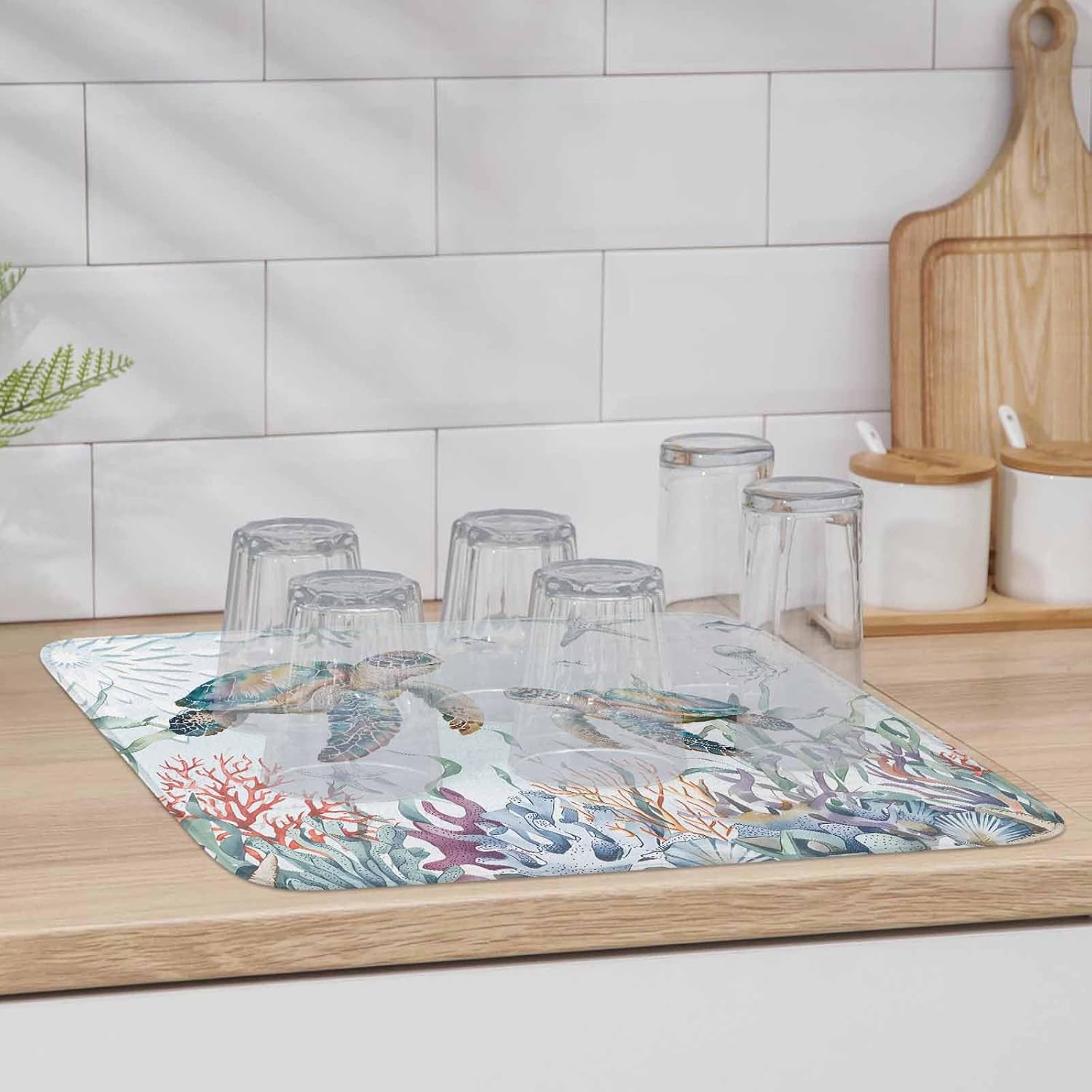 Sea Turtle Dish Drying Mat for Kitchen Counter, Summer Beach Coral Ocean Nautical Coastal Vintage Microfiber Baby Bottle Drying Pad, Absorbent Coffee Cup Dishes Drainer Mats 18"x24", 2 Pcs