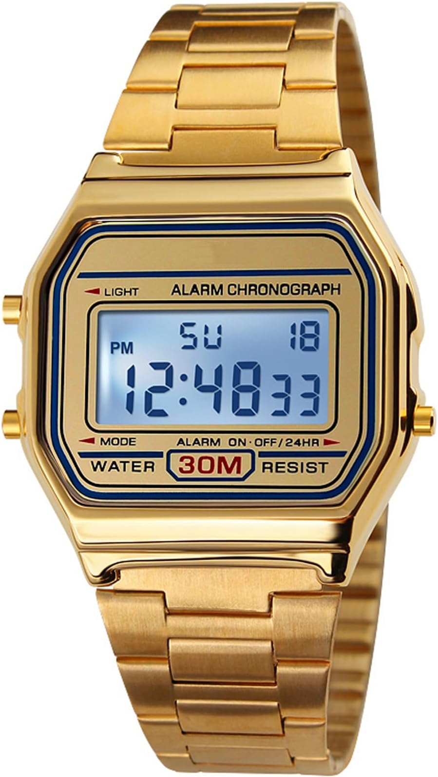 Men's Digital Gold Stainless Steel Watch Backlit Multifunction Stopwatch Waterproof Sport Watches