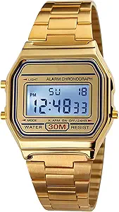 PASOY Men's Digital Gold Stainless Steel Watch Backlit Multifunction Stopwatch Waterproof Sport Watches