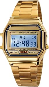 PASOY Men's Digital Gold Stainless Steel Watch with Backlit and Multifunction