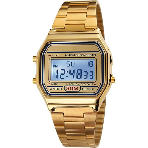 PASOY Men's Digital Gold Stainless Steel Watch Backlit Multifunction Stopwatch Waterproof Sport Watches
