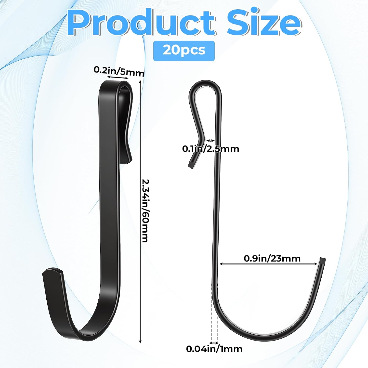 20 PCS J Shaped Shelf Hooks, Black Stainless Steel Wire J Hook, Clip-On Rack Hanger Sink Grid Hook for Kitchen, Office, Closet Organization