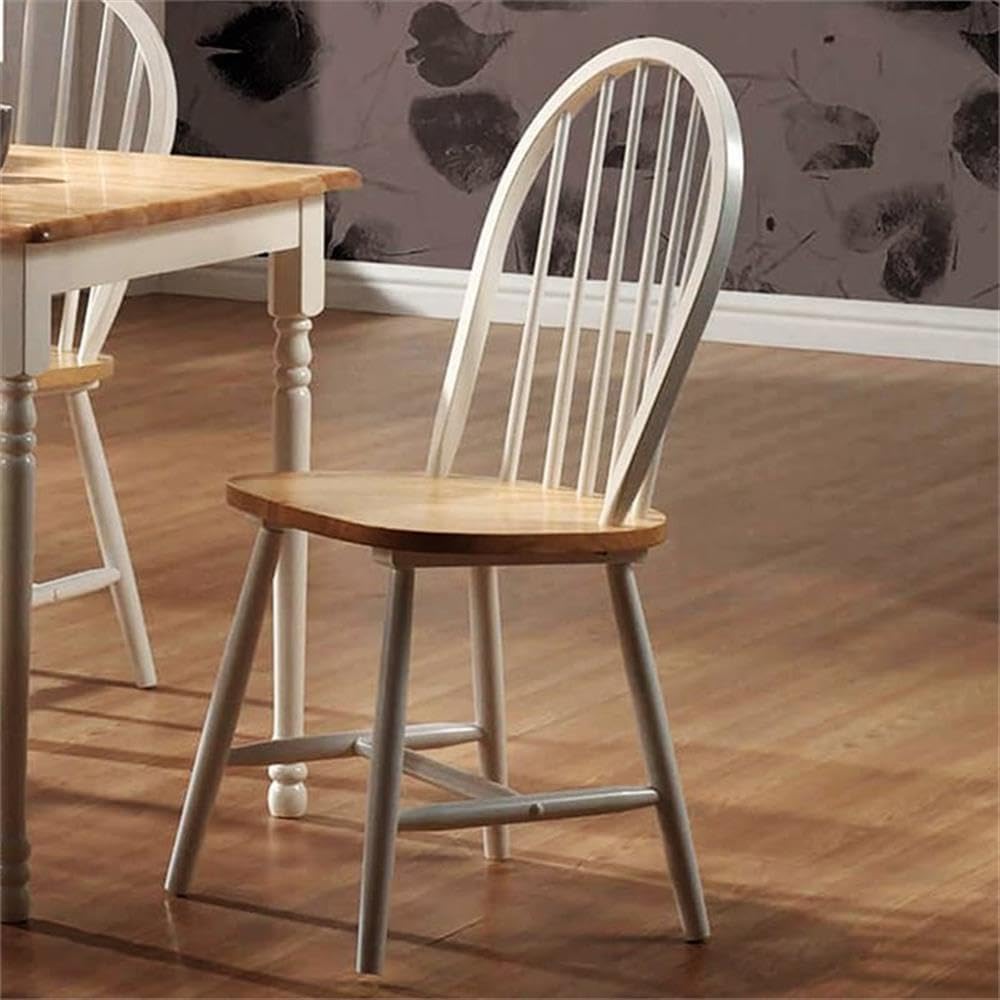 BOWERY HILL Farmhouse Rubberwood Dining Side Chair, Natural Brown and White Finish, 37" H x 18" W x 20" D, Solid Wood Construction, Spindle Back, Set of 4 Dining Chairs for Kitchen or Dining Room