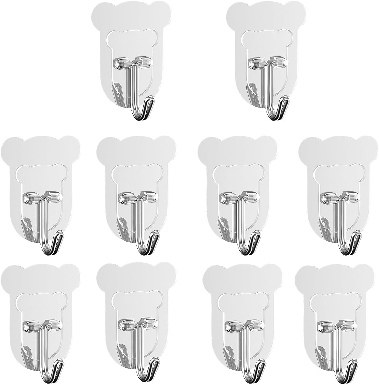 10 Pcs Heavy Duty Adhesive Hooks 10lb Max - Transparent Waterproof Sticky Wall Hooks for Bathroom, Shower, Kitchen, Office - No Damage Self Adhesive Hanging for Towels, Coats, Keys & Home Decor