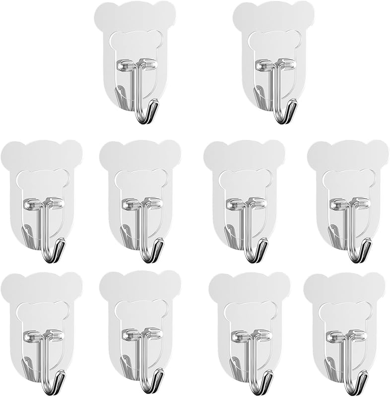 10 Pcs Heavy Duty Adhesive Hooks 10lb Max - Transparent Waterproof Sticky Wall Hooks for Bathroom, Shower, Kitchen, Office - No Damage Self Adhesive Hanging for Towels, Coats, Keys & Home Decor