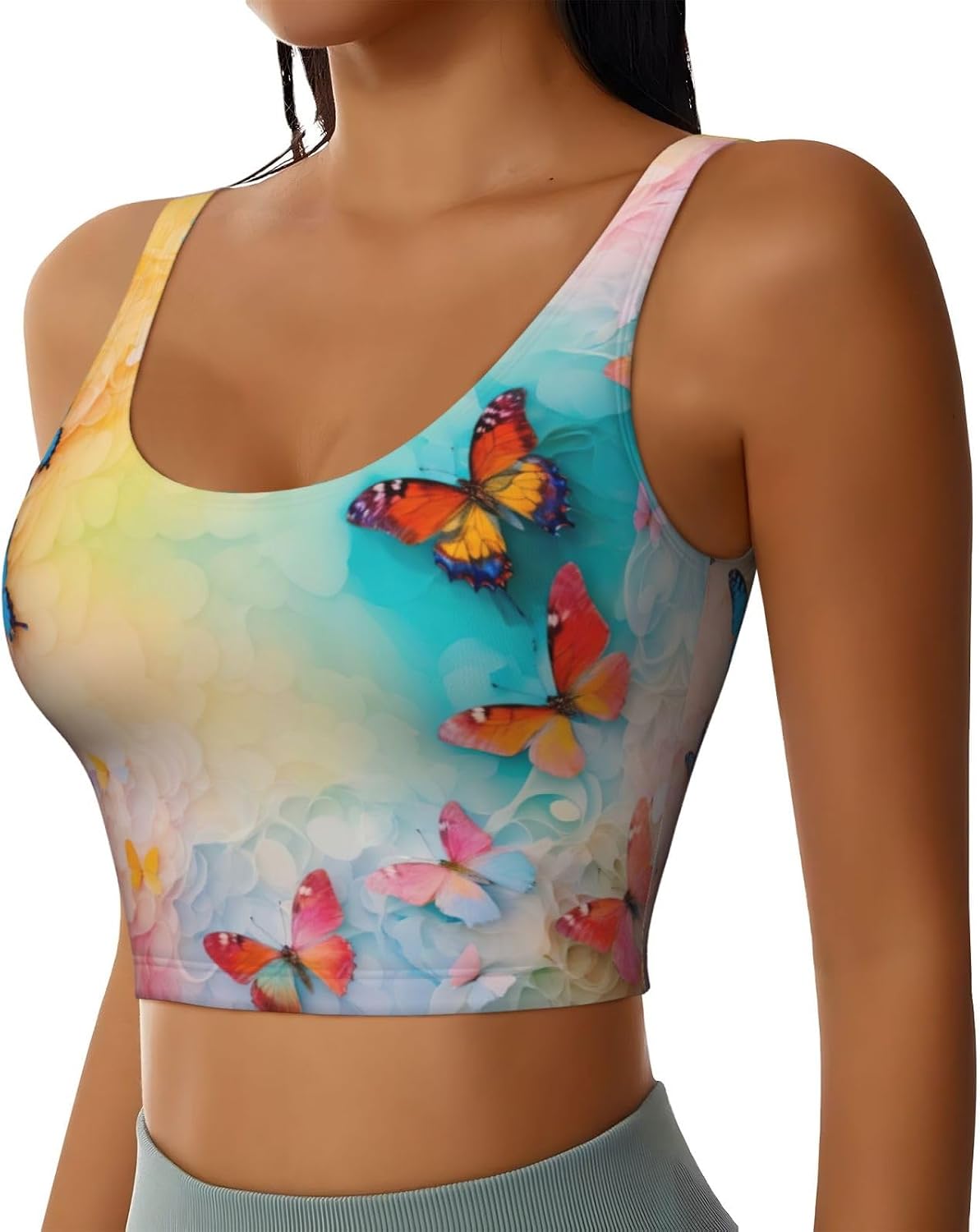 Butterfly Print High Impact Sports Bras,Longline Sports Bra,Perfect for Yoga,Running and Gym Workouts