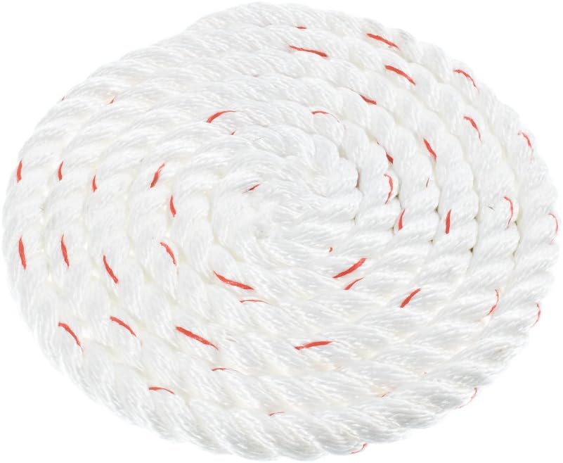 Twisted 3 Strand PolyDac Combo Utility & Towing Rope - White with Red Tracer – 3/8, 1/2, 5/8, 3/4, 1, 1-1/2, & 2 inch Diameters in 10, 25, 50, 100, 250, 300, 500, & 600 Feet