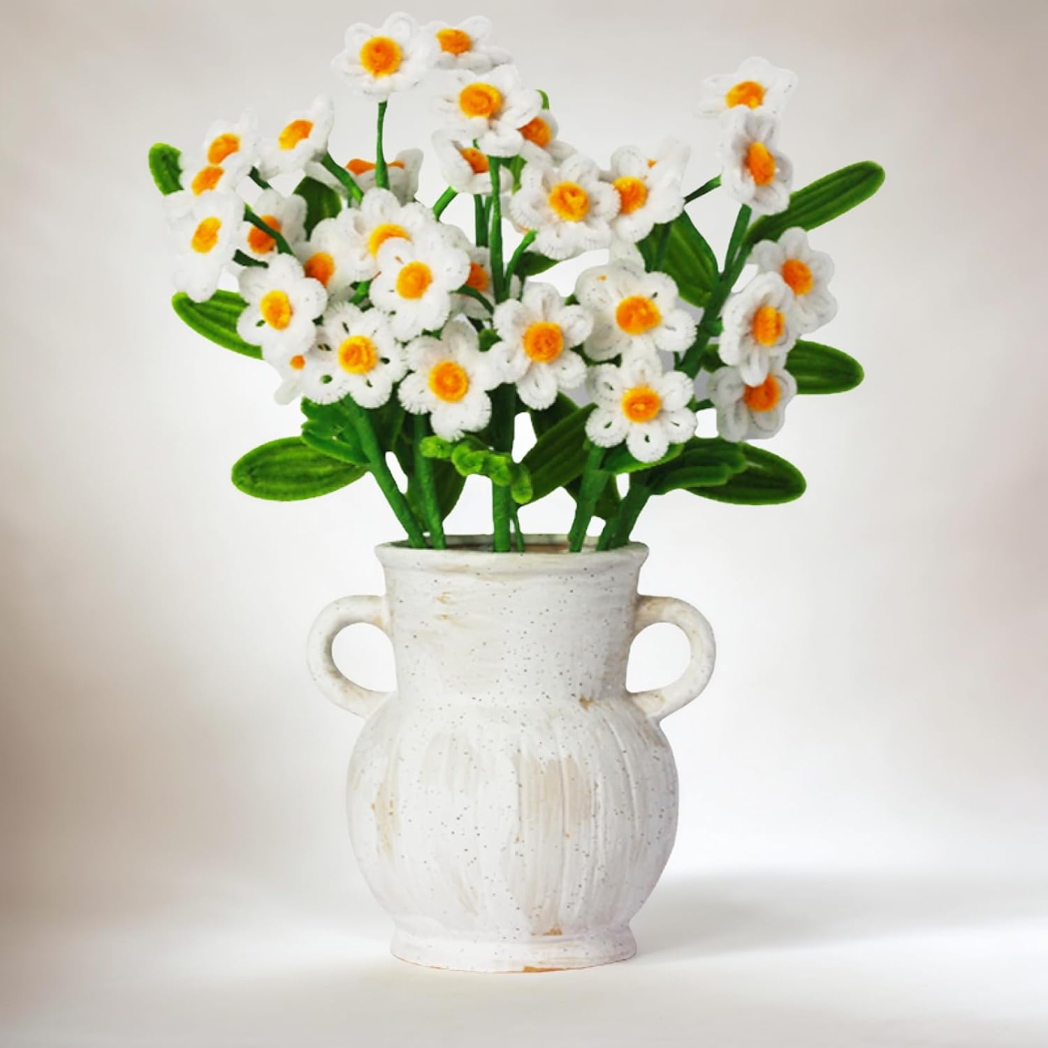 Handmade Daisy Flowers Completed Pipe Cleaner Artificial Bouquet - 8 Daisies with 3 Green Leaves, Home Decor, Faux Flower bulk for Table Livingroom Bedroom, GIft for Lover Friend Parents,11 PCS