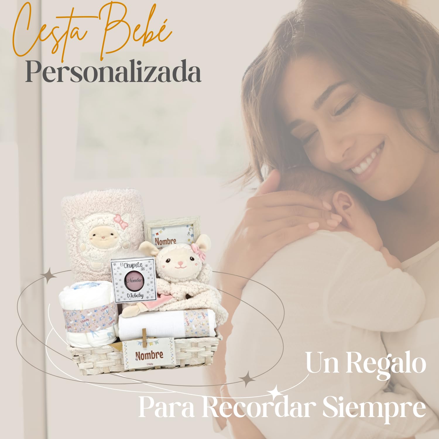 Cesta Bebé Recién Nacido Niño My Sheep Personalizada (Azul) | Set personalizado con dou dou ovejita, manta suave, muselina de algodón, chupete con nombre y pastel de pañales.