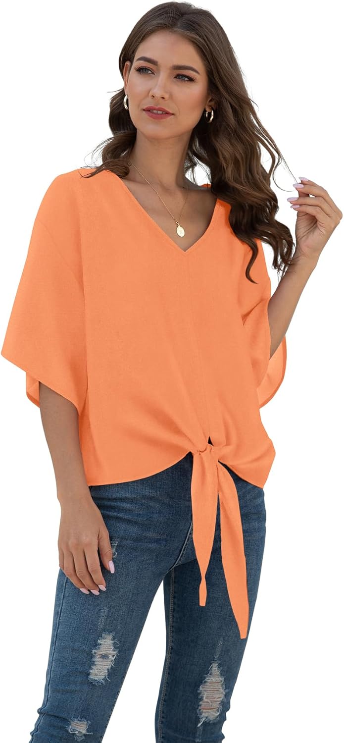 VIISHOW Womens Tie Front Chiffon Blouses V Neck Batwing Short Sleeve Summer Tops Shirts - Image 2