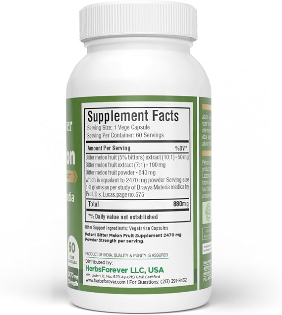 HerbsForever Bittermelon/Gourd-Extra Strength(10:1)Extract,Equiv.to 4250mg Fruit Powder Per Serving-Sugar/Carb Control,Support Sweets Metabolism, Skin Health-Natural|5% Bitters|60Veg Capsules|880mg