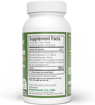 HerbsForever Bittermelon/Gourd-Extra Strength(10:1)Extract,Equiv.to 4250mg Fruit Powder Per Serving-Sugar/Carb Control,Support Sweets Metabolism, Skin Health-Natural|5% Bitters|60Veg Capsules|880mg