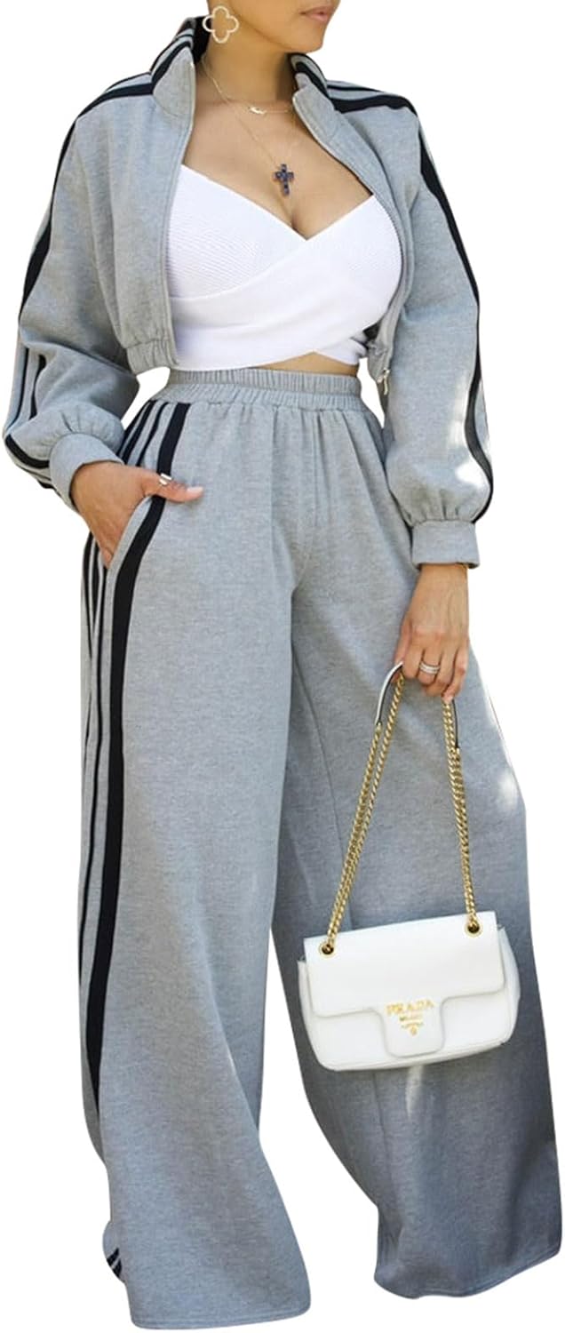Angsuttc Sweatsuits Women 2 Piece Outfit Striped Tracksuit Long Sleeve Cropped Jacket and Wide Leg Pants Set
