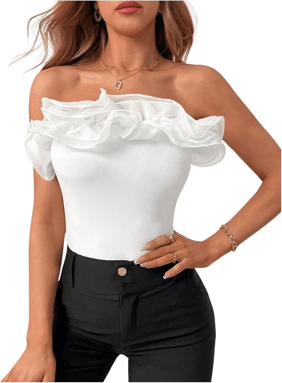 SHENHE Women's Elegant Off Shoulder Exaggerated Ruffle Trim Sleeveless Tube Top Bodysuit - Image 4