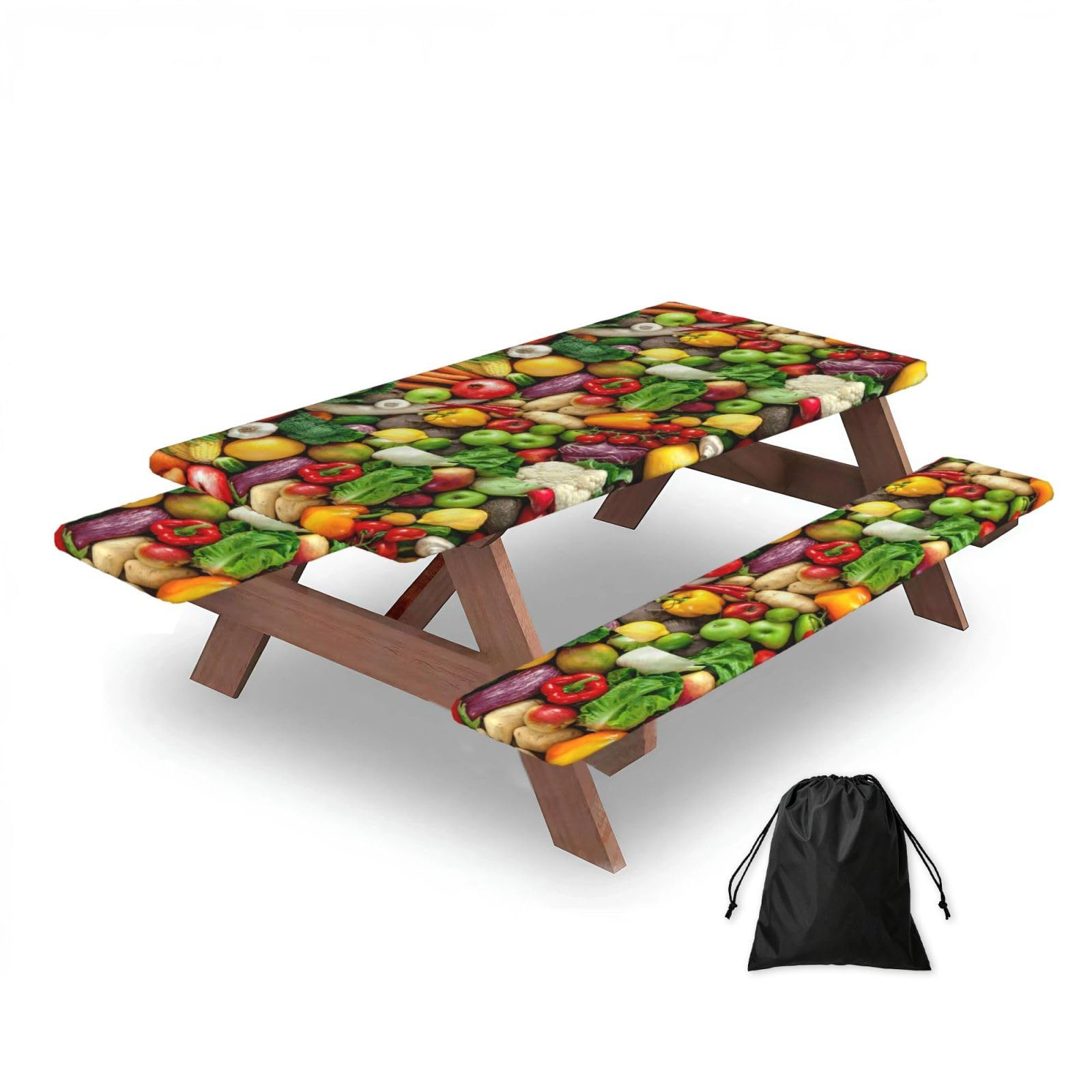 Dopklna As Picture Fresh Fruits And Vegetables, Picnic Table Cover With Bench Covers -Waterproof Elastic Fitted Tablecloth For Garden Camping Patio 76X152cm