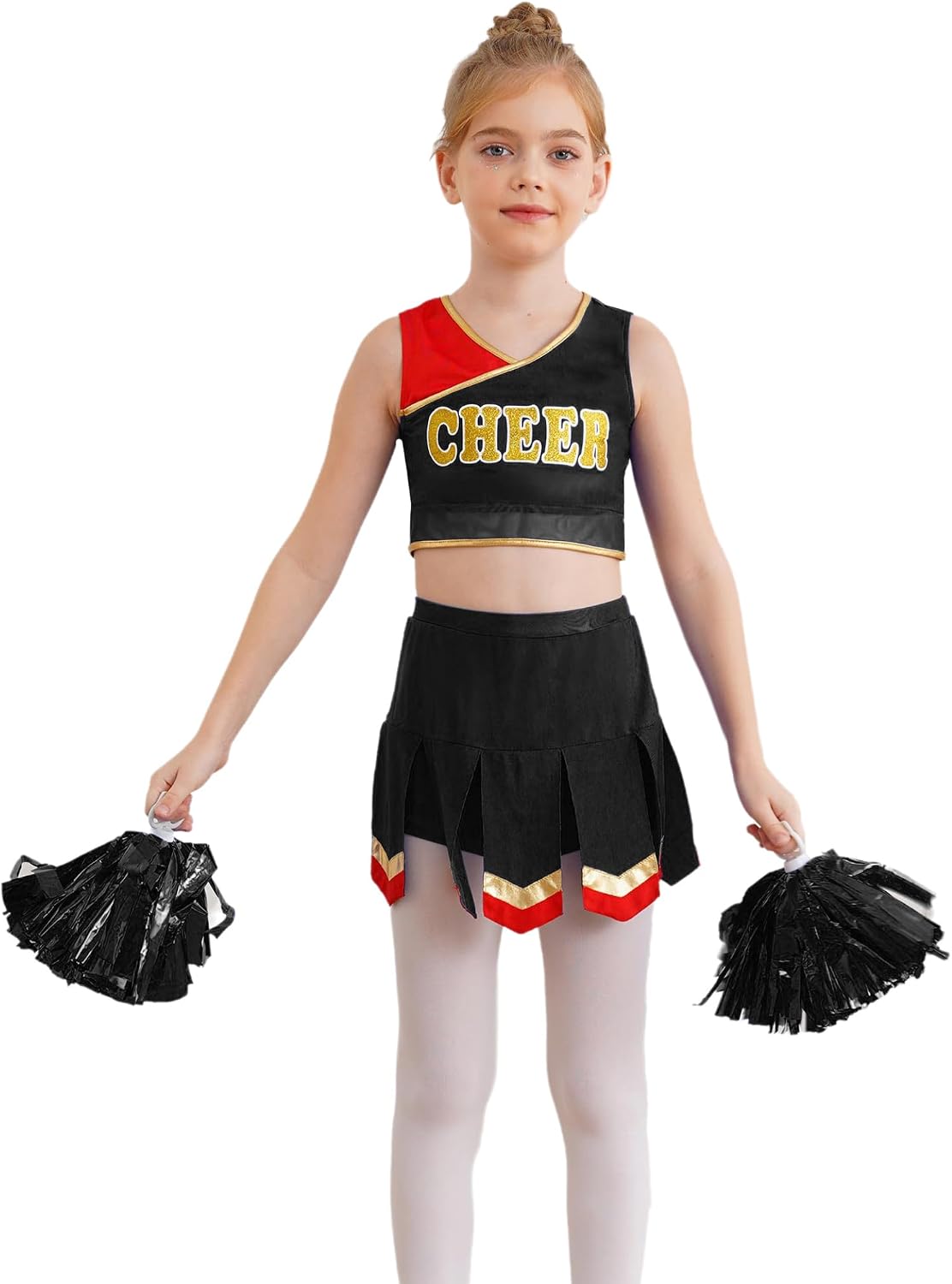 Sxiwei Kids Girls Sports Meeting Cheerleading Sleeveless Crop Top and Skirt with Hand Flower Cheer Leader Outfits Black 6 Years