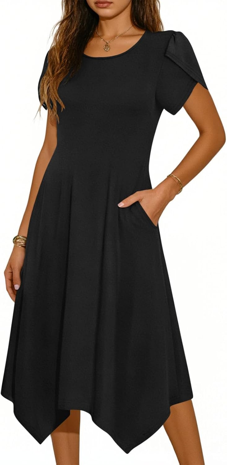 Women's Petal Short Sleeve Midi Dress Hem Asymmetrical A Line Dresses Dressy Casual Sundresses Summer Round Neck Dress