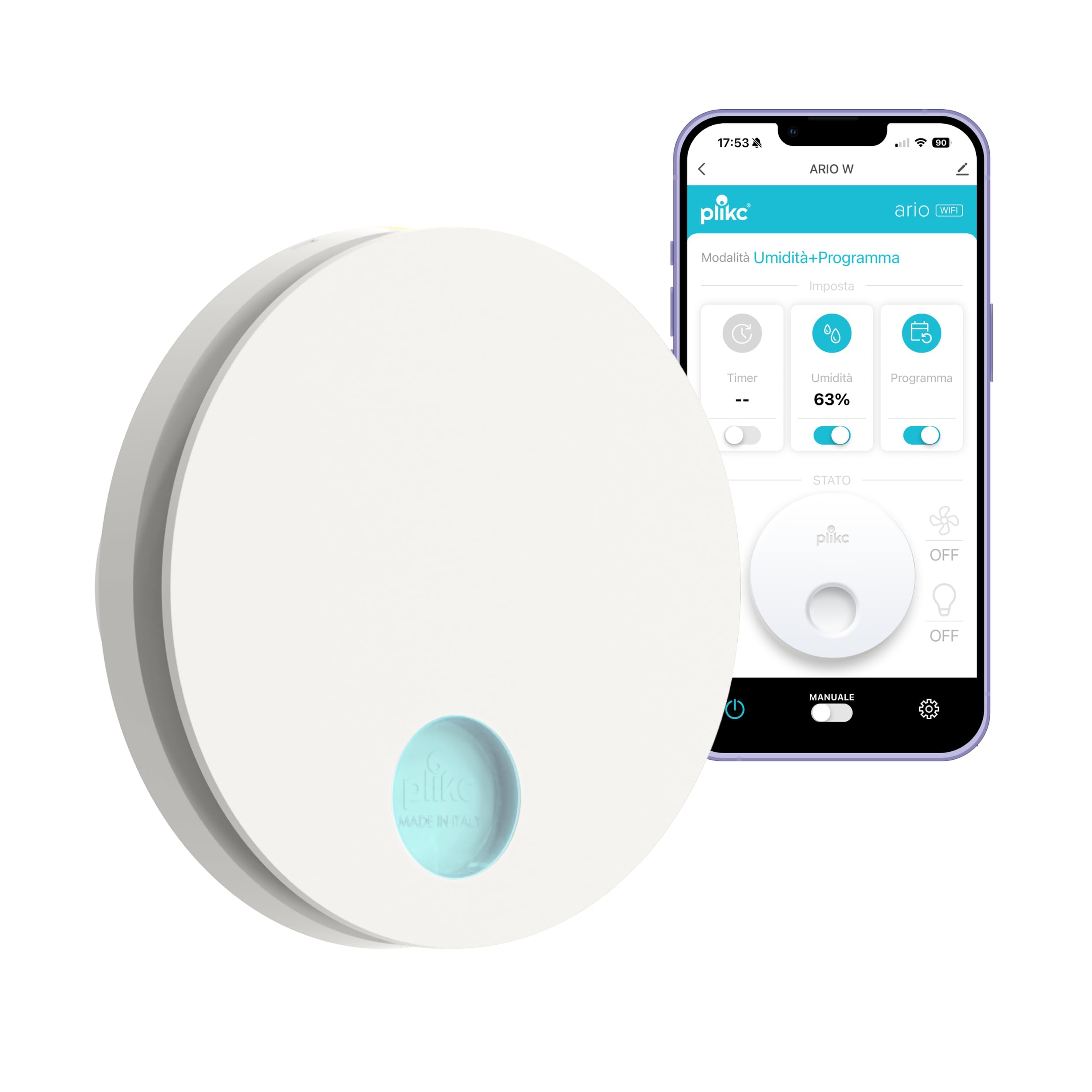 plikc Aspiratore WIFI da parete ad aspirazione assiale serie Ario W - Alimentazione 230Vac - 100% MADE IN ITALY (Bianco, Foro Ø90)