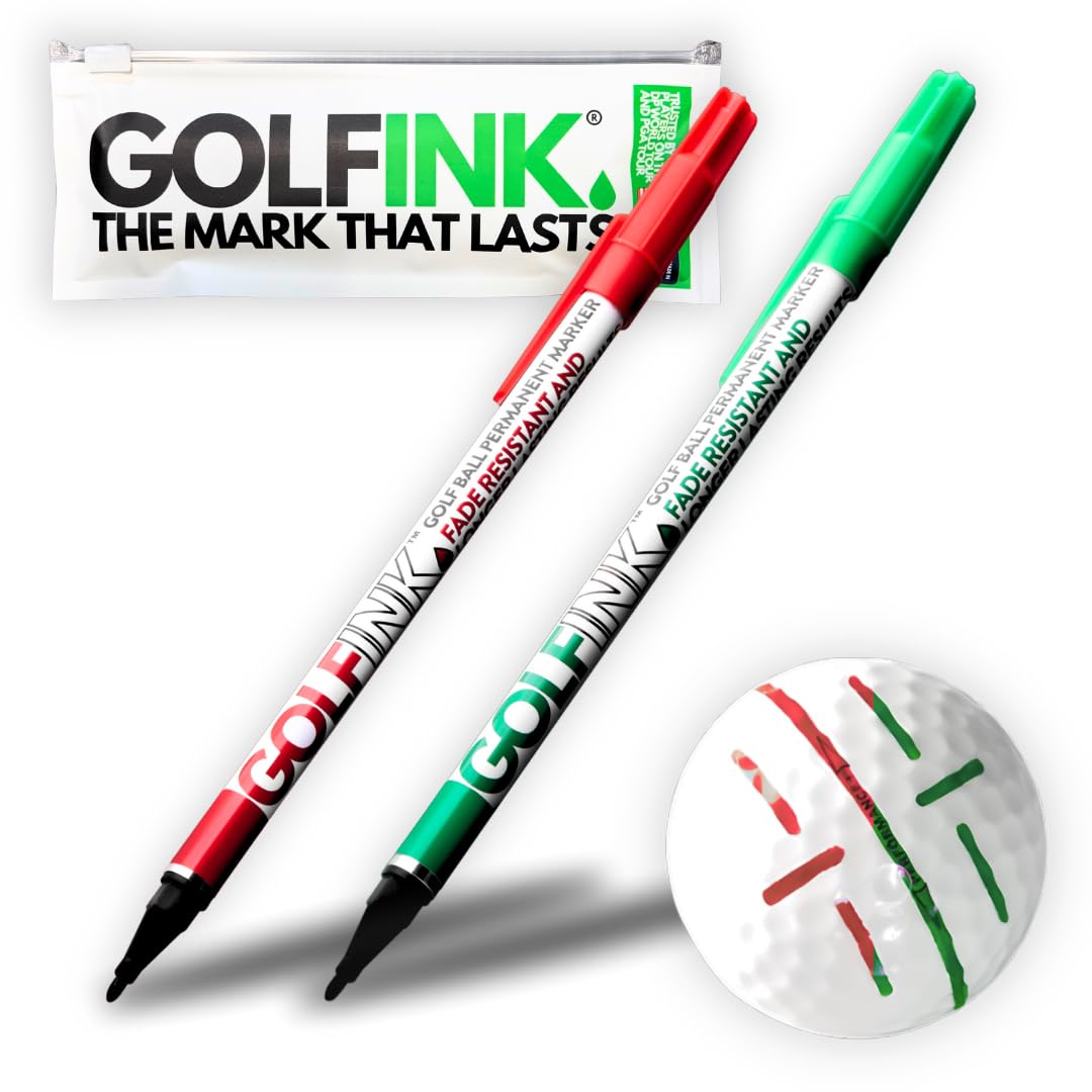 2-Pack GOLFINK Golf Ball Marker Pen - Fade-Resistant Permanent Ink, Valve-Controlled Nib, Durable Aluminum Body (Black) (Red + Green)