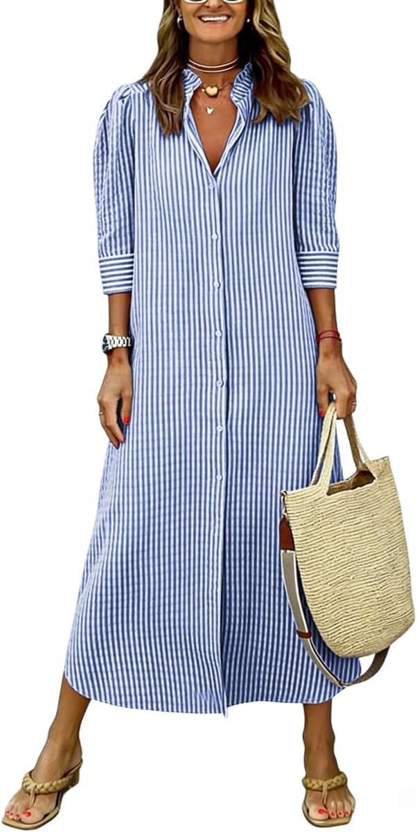 chouyatou Women's Summer 3/4 Sleeve Striped Maxi Long Shirt Dress Boho Ruffled Button Down Beach Dress