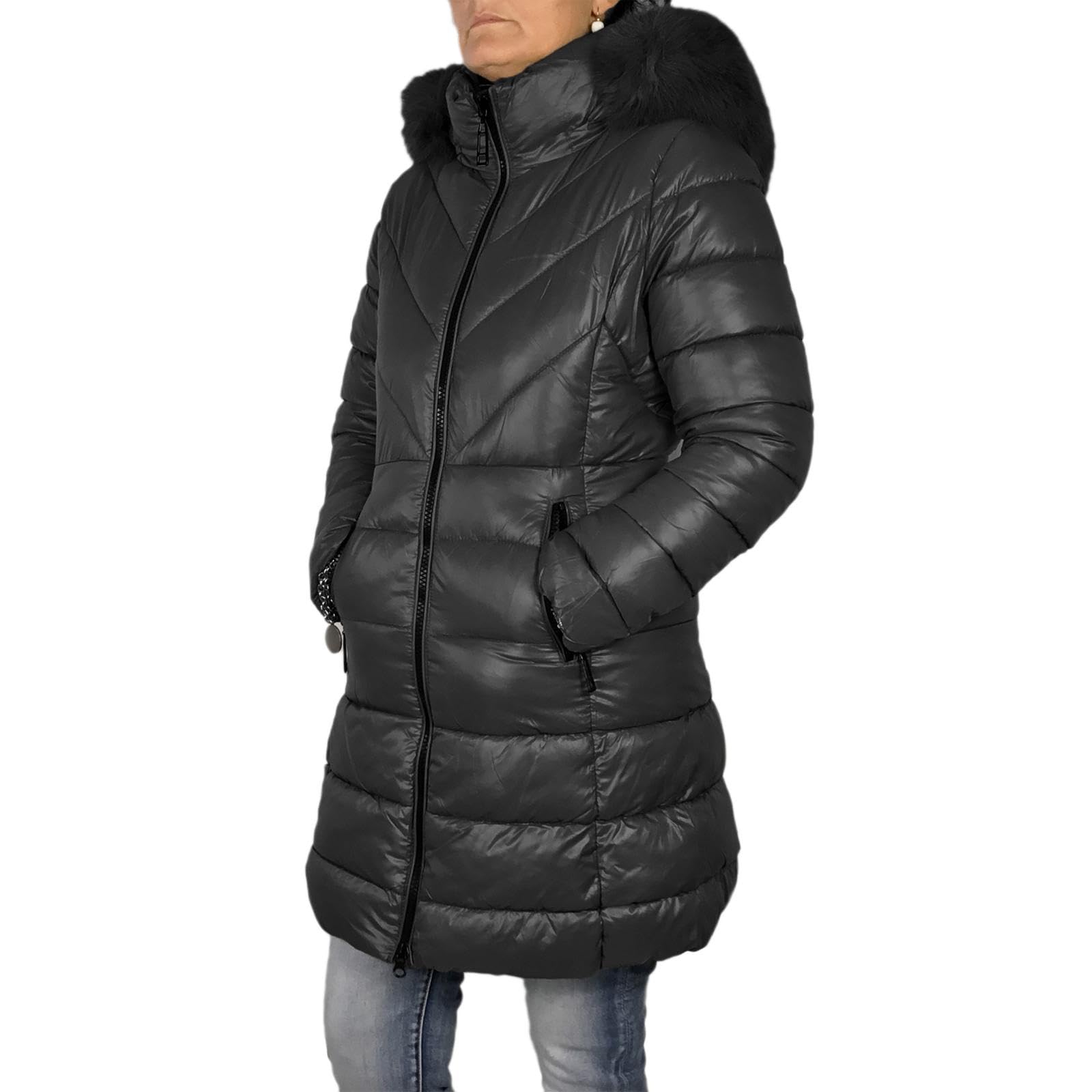 Piumino Donna Invernale Lungo Imbottito con Cappuccio in Pelliccia Giubbotto Invernale Elegante Casual