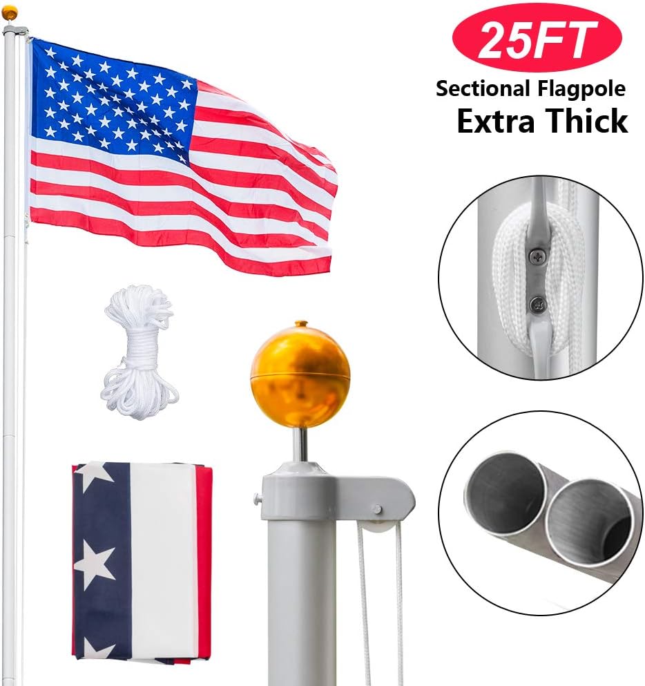 VINGLI Upgraded 25FT Sectional Aluminum Outdoor Flag Pole in ground, Silver Thick Tube Flagpole Hardware, Flagpole Kit 27~33mph, w/ 3'x5' USA Flag, Ball Flagpole Topper Halyard Rope PVC Sleeve, 2pcs