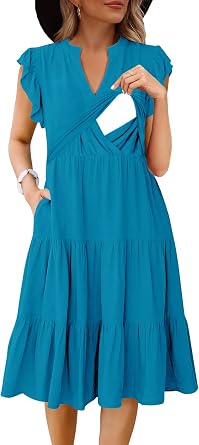 Womens Nursing Midi Dress Breastfeeding Summer Ruffle Sleeveless V Neck Tiered Beach Sundress with Pockets
