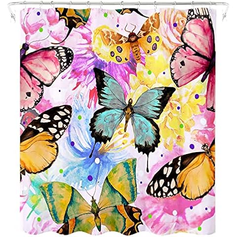 AO BLARE Butterfly Shower Curtain,Watercolor Multicolor Butterfly Flower Gorgeous Shower Curtain Set with Hooks 72 X 72 Inches Cover
