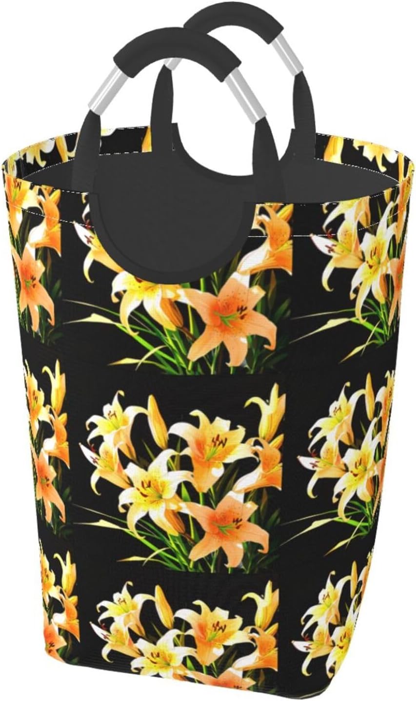A bouquet of yellow lilies Foldable storage bag, 50L capacity, suitable for laundry room, dormitory bedroom, dirty clothes storage basket.