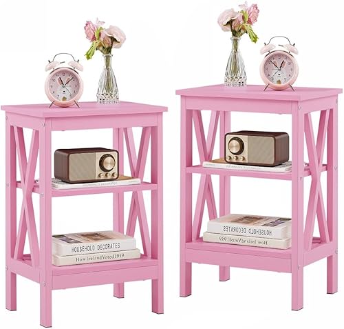 Miniatura 15 de VECELO End Table Set of 2, Bedside Table, 24" Tall Living Room End Tables, X-Design Reinforced Nightstands, Side Table with 3-Tier Storage Shelves