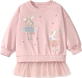 Velius Toddler Girls Long Sleeve Cotton Crew Neck Pullover Sweatshirt with Tutu Skirts Casual Outwear for Kids 2-7 Years