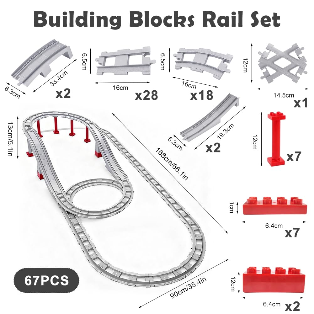 Juego De 67 Rieles Para Tren De Bloques - Con Curvas, Rectas, Cruces Y Rieles Inclinados Para Niños A Partir De 3 Años