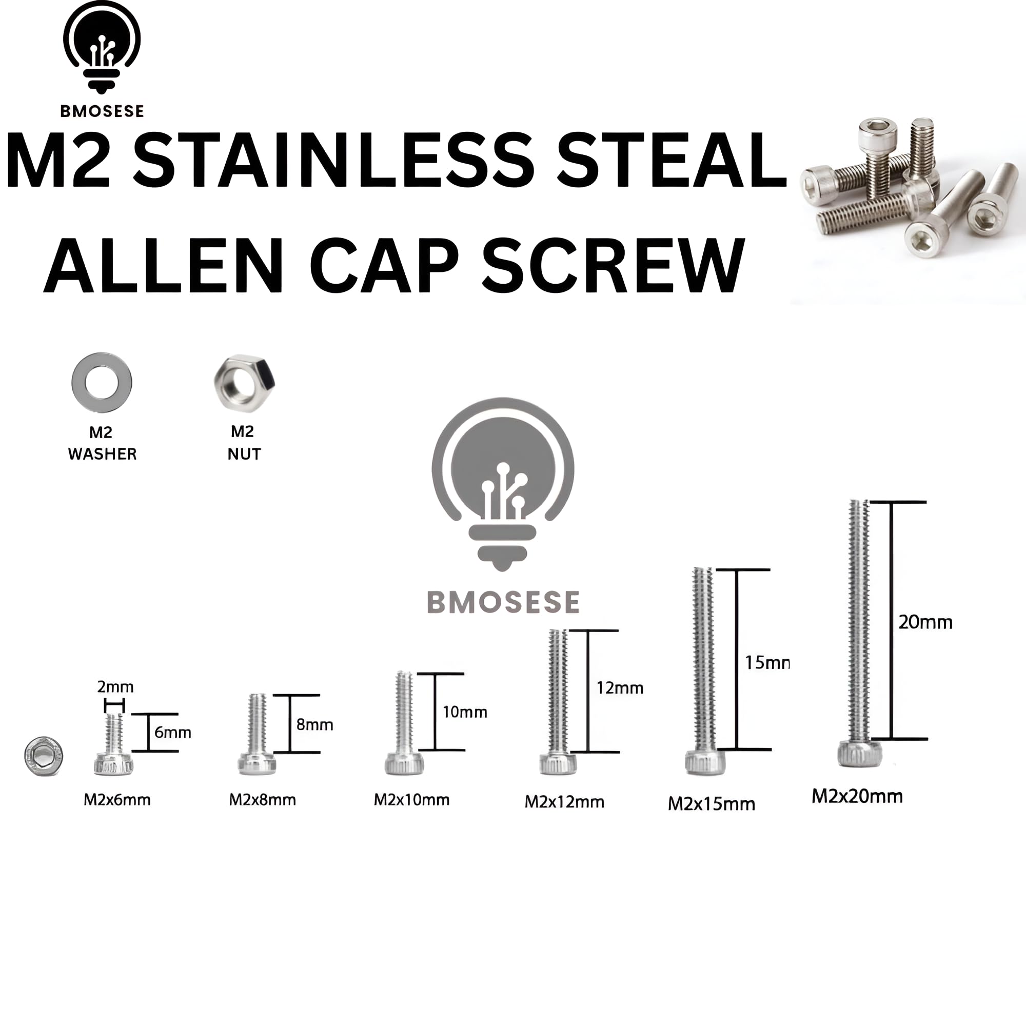 BMOSESE® Stainless Steel M2x8mm Allen Bolt Screws with Nuts & Washers | Rustproof 304 Grade | Full Thread | Hex Socket Cap Head | Free Allen Key| (10PCS SET) - Image 3 thumbnail