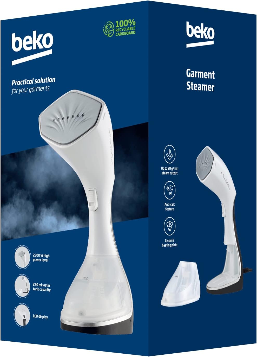 Back view of Beko STM6120W Vertical Steam Iron showing controls and power button